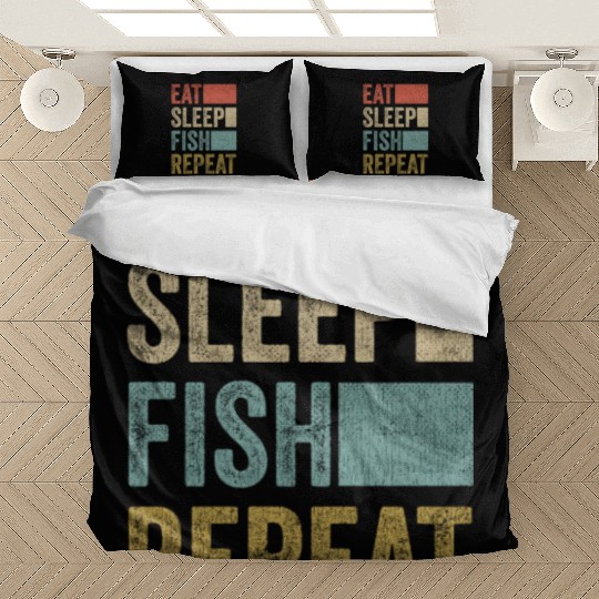 Eat Sleep Fish Repeat Fisher Gift 70s 80s Retro Bedding Sets