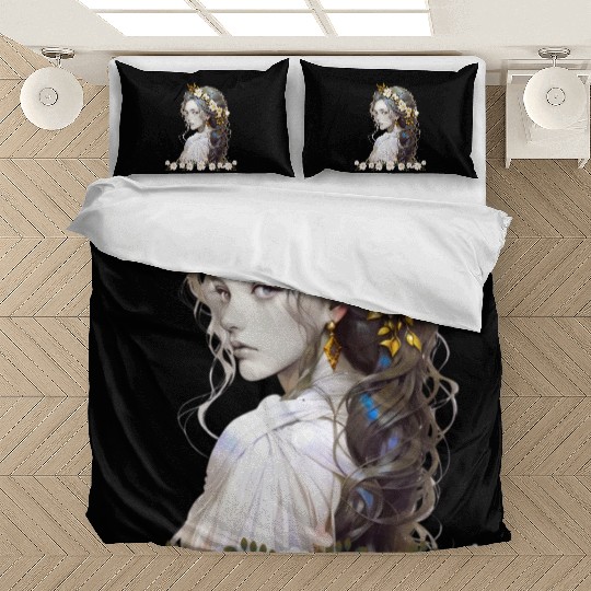 a girl with long hair and flowers in her hair Bedding Sets