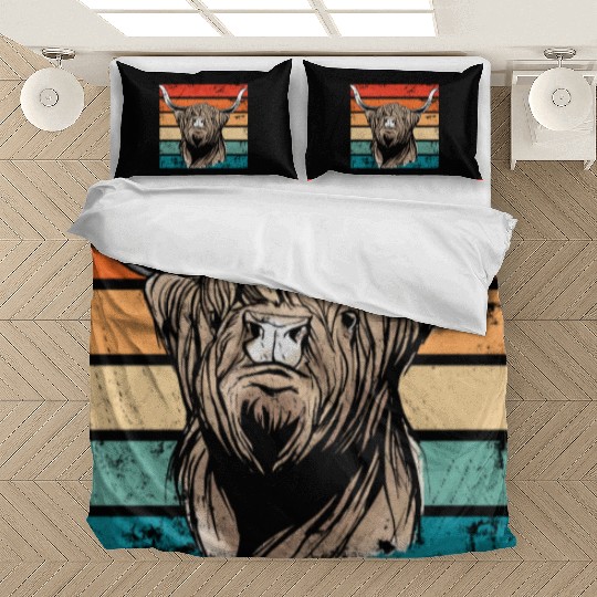 Retro Scottish Highland Cow Outfit Bedding Sets