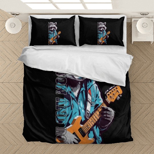 raccoon wearing glasses playing on guitar Bedding Sets