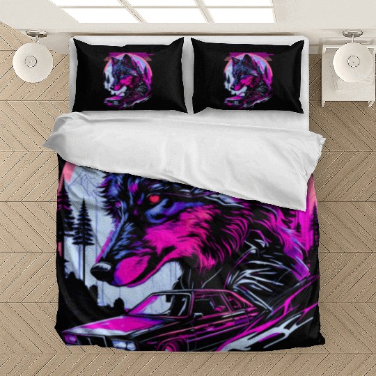 Retro Synthwave Gangster Wolf Bedding Sets