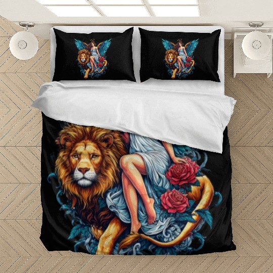 Pretty angel on lion with flowers Bedding Sets