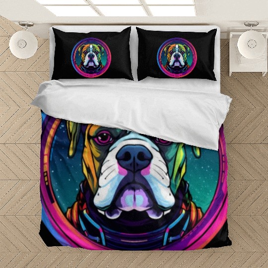 American Bulldog Cosmic Space Dogs Neon Galaxy Bedding Sets