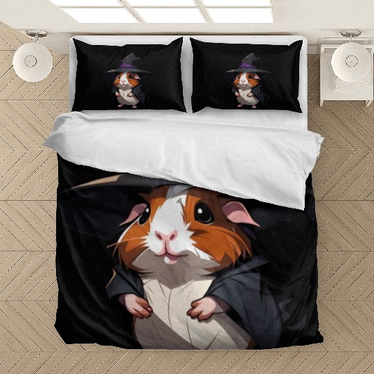 Cute Halloween guinea pig with a witch hat. Bedding Sets