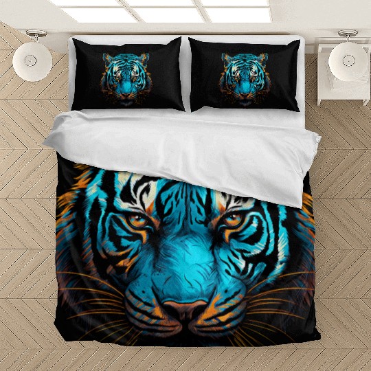Tiger in blue and orange with woodcut inspired gra Bedding Sets