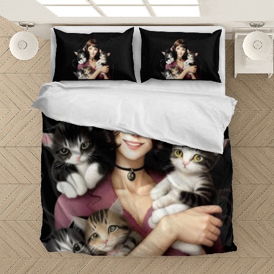 Pretty Cat Lady with Cute Kittens Bedding Sets
