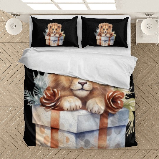 African Lion inside a Christmas gift box Bedding Sets