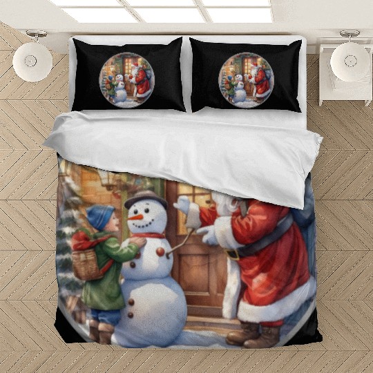 Santa Claus and a snowman distributes gifts. Bedding Sets
