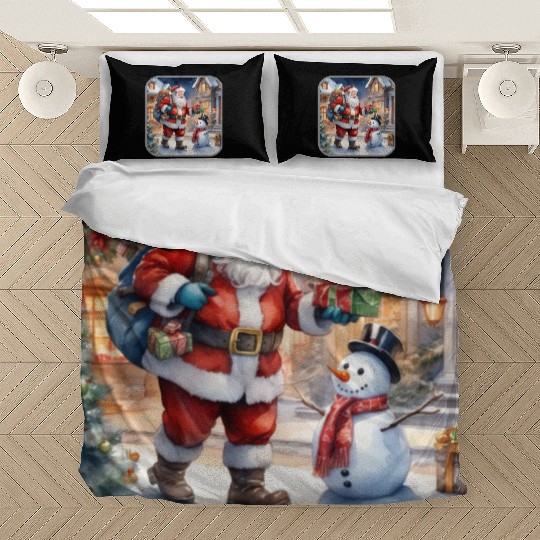 Santa Claus and a snowman distributes gifts. Bedding Sets