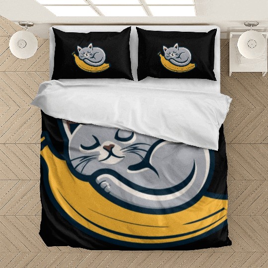 Gray Cat Sleeping On A Banana Bedding Sets