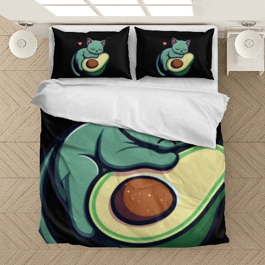 Green Cat Sleeping On An Avocado With Heart Bedding Sets