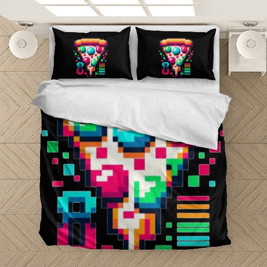 Futuristic Pixel Pizza: Neon-Topped Delight Bedding Sets