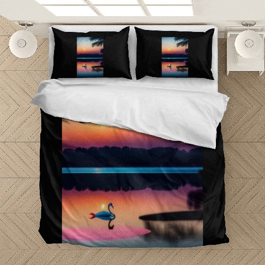 The image is of a serene lake 3 Bedding Sets