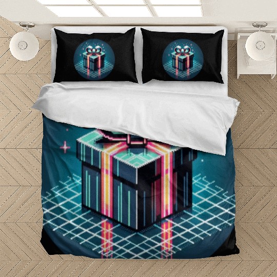 Cyberpunk Pixel Art Gift Box - Neon Ribbons Bedding Sets
