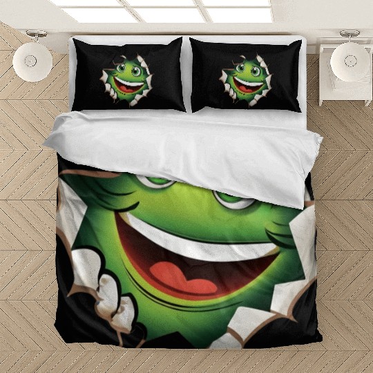Cute Happy Green Monster Peeking Out Of a Hole Bedding Sets