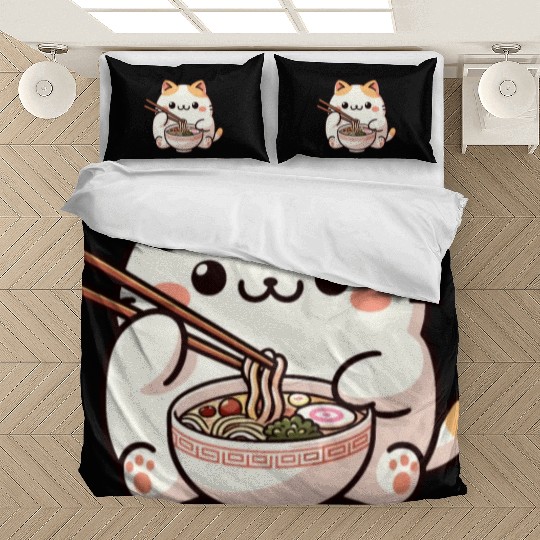 Neko Cat Eating Ramen Noodles Anime Bedding Sets