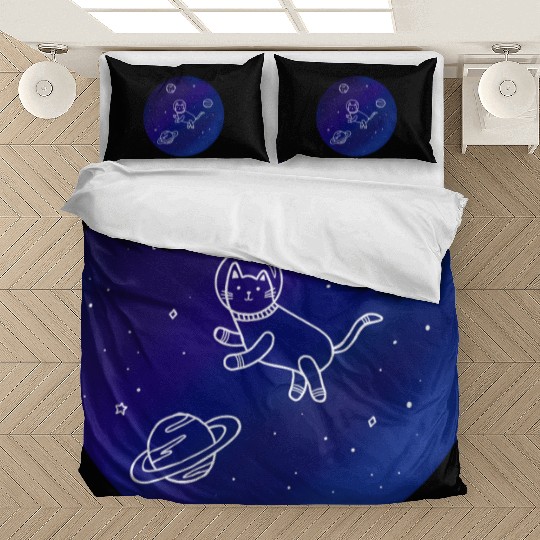Doodle-Style Hand Drawn Space Cat Bedding Sets