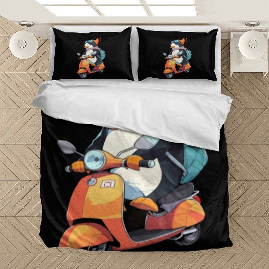 Penguin Riding Scooter Funny Motor Biker Moped Bedding Sets