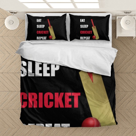 Eat Sleep Cricket Repeat Red and White Text Bedding Sets