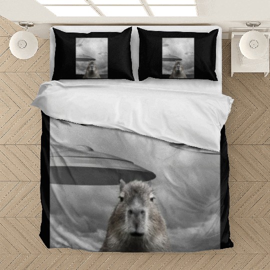 Funny Graphic Capybara Selfie with UFOs Weird Bedding Sets