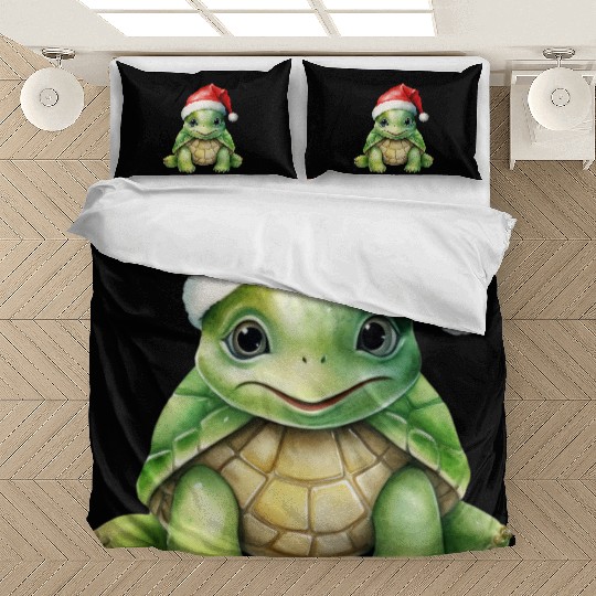 cute green sea turtle wearing a Santa hat Bedding Sets