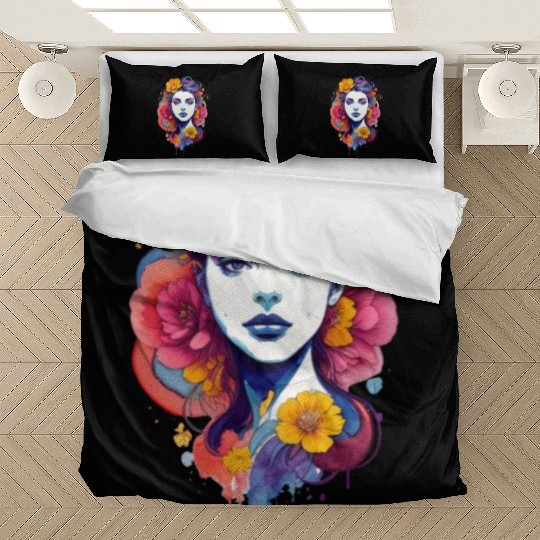 Stylish, bright art. Girl with flowers in her hair Bedding Sets