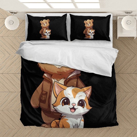 cute kitty cat and teddy bear in cartoon style Bedding Sets
