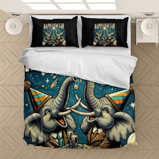 New Year's Eve Elephant Cheers with Champagne Bedding Sets