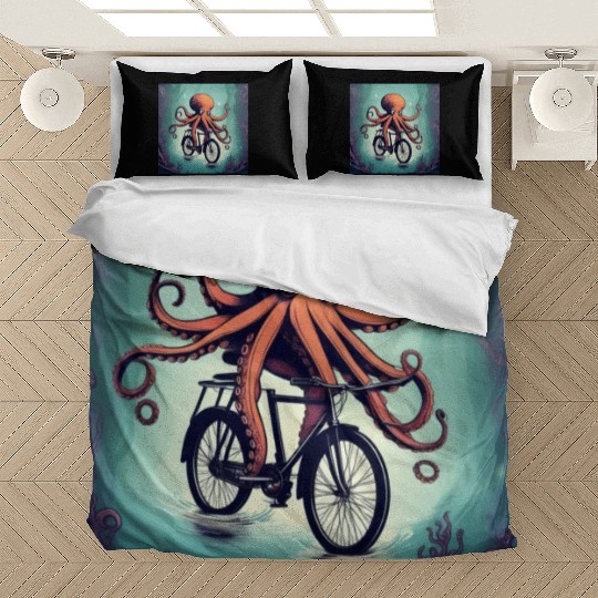 A weird octopus riding a bicycle Bedding Sets