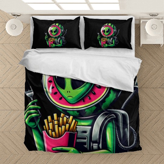 Alien with watermelon helmet eats fries Bedding Sets