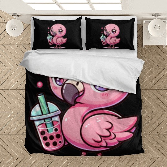 Cute Kawaii Flamingo Bubble Tea Lover Flamingo Bedding Sets