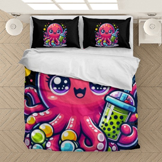 Kawaii Octopus With Bubble Tea Sea Ocean Boba Tea Bedding Sets