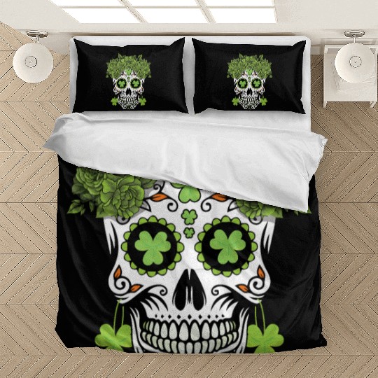 St Patrick's Day Dia De Los Muertos Shamrock Bedding Sets