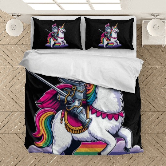 Happy Funny Cat Knight Riding Unicorn Llama Alpaca Bedding Sets