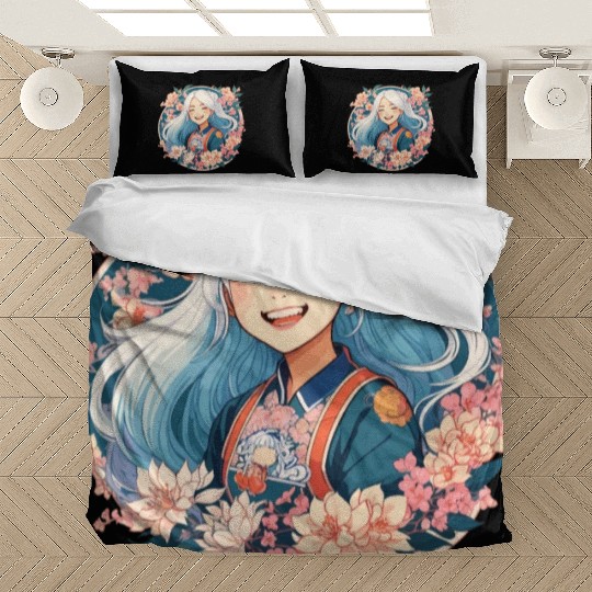 Happy Smile Pretty Japanese Anime Girl with Flower Bedding Sets