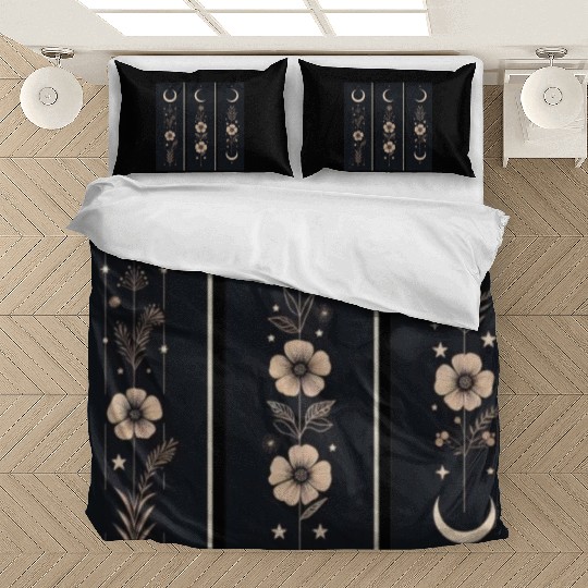 Moon phases with wild flowers and constellations Bedding Sets