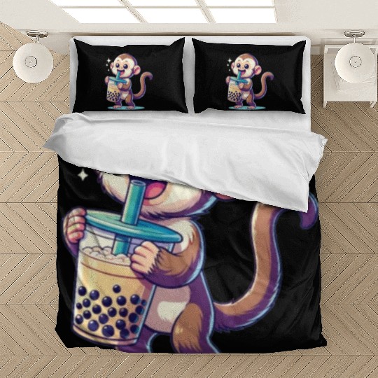 Kawaii Bubble Tea Boba Cappuccino Monkey Bedding Sets