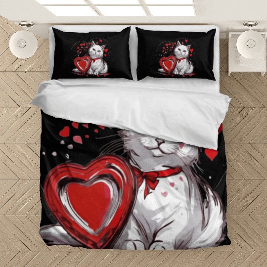 Valentines Day White Cat With Red Heart Box Bedding Sets