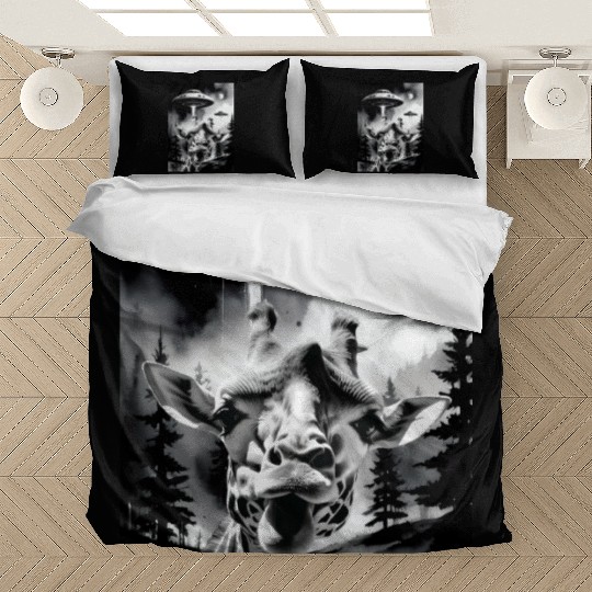 A lovely giraffe selfie with weird UFOs in a funny Bedding Sets