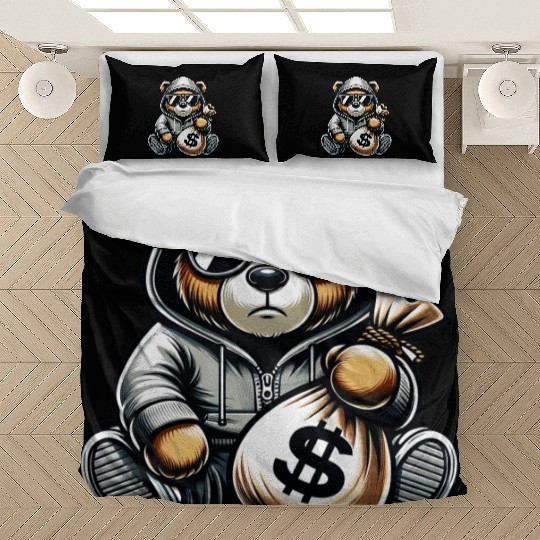 teddy bear holding a money bag Bedding Sets