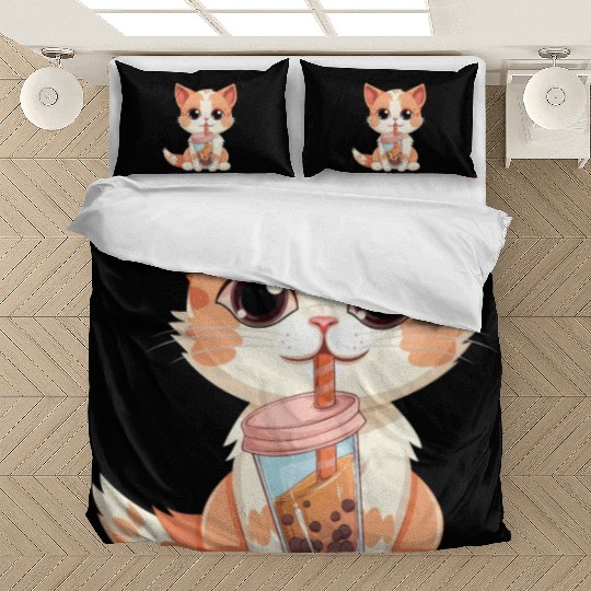 Cat Boba Tea Bubble Tea Anime Kawaii Neko Bedding Sets