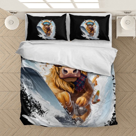 Winter sports, Highland Cow Snowboarding Bedding Sets