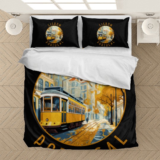 Lisbon Portugal Yellow Tram Retro Distressed Bedding Sets