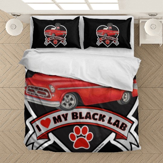 Cute black lab in classic truck inside a heart Bedding Sets