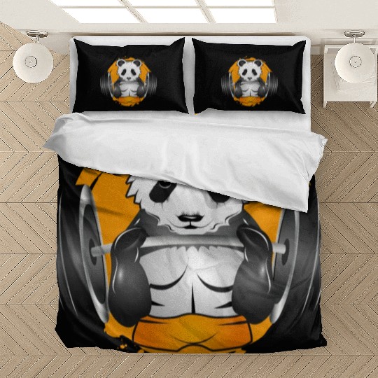 Bodybuilder panda bear with barbell in the gym Bedding Sets