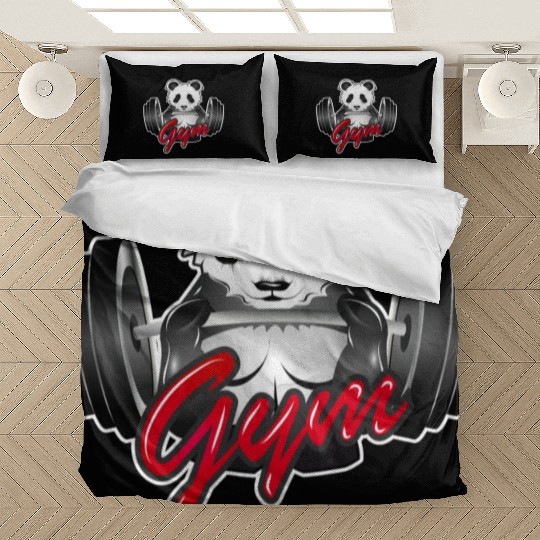 Bodybuilder panda bear with barbell in the gym Bedding Sets