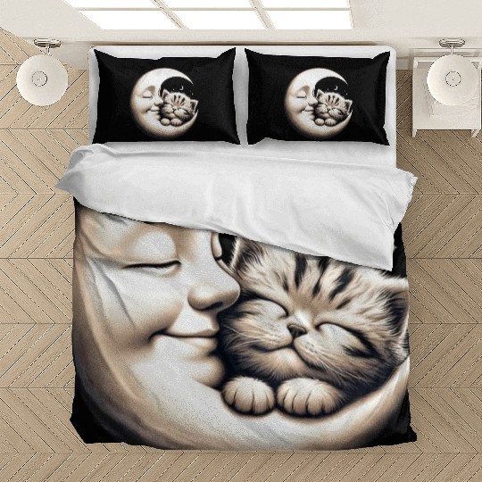 Peaceful Kitten and Moon Embrace Bedding Sets
