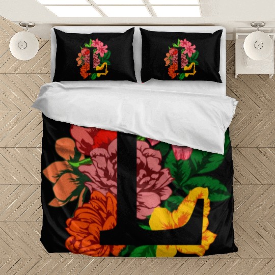Capital letter L monogram with peony, lily flowers Bedding Sets