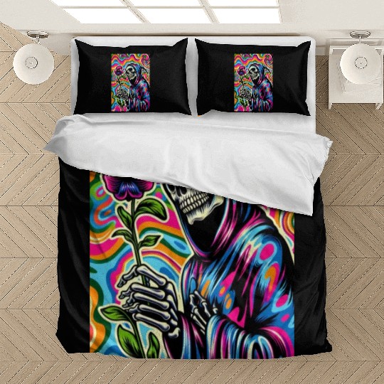 Psychedelic Grim Reaper Holding Sweet Pea Flower Bedding Sets