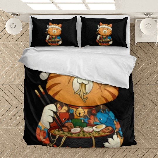 Cute anime cat eating ramen noodles Bedding Sets